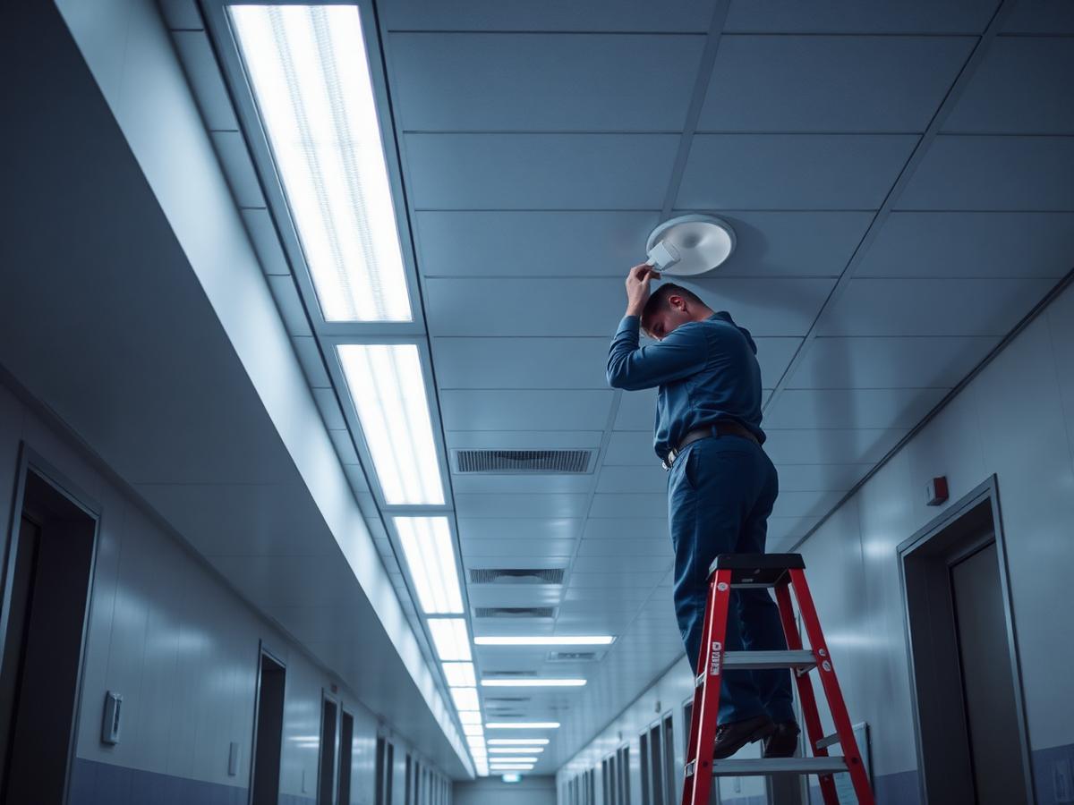 Corredor de hospital com equipe de manutenção realizando a troca de lâmpadas no teto