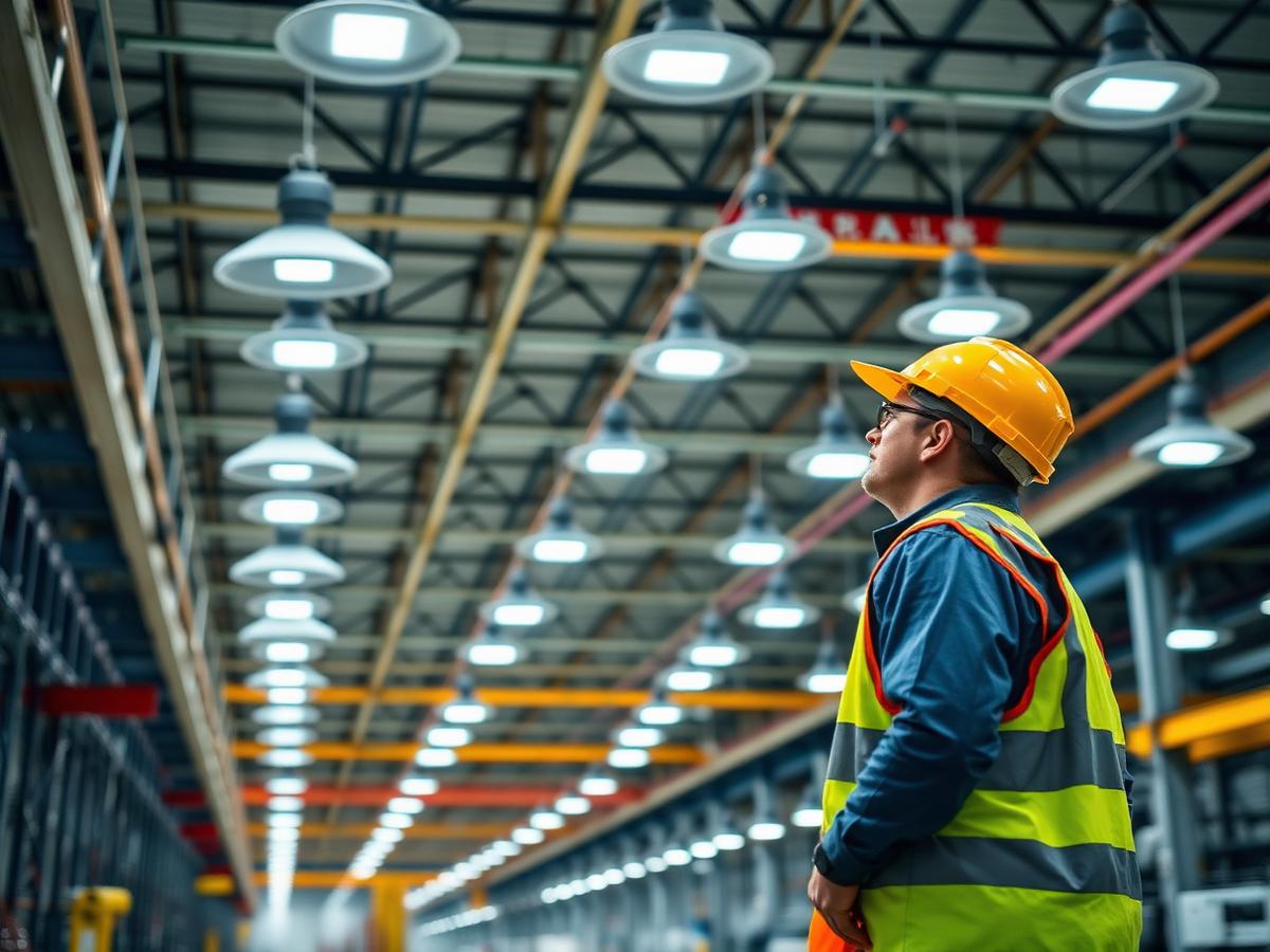 Galpão industrial amplo com luminárias em altura sendo inspecionadas por técnico