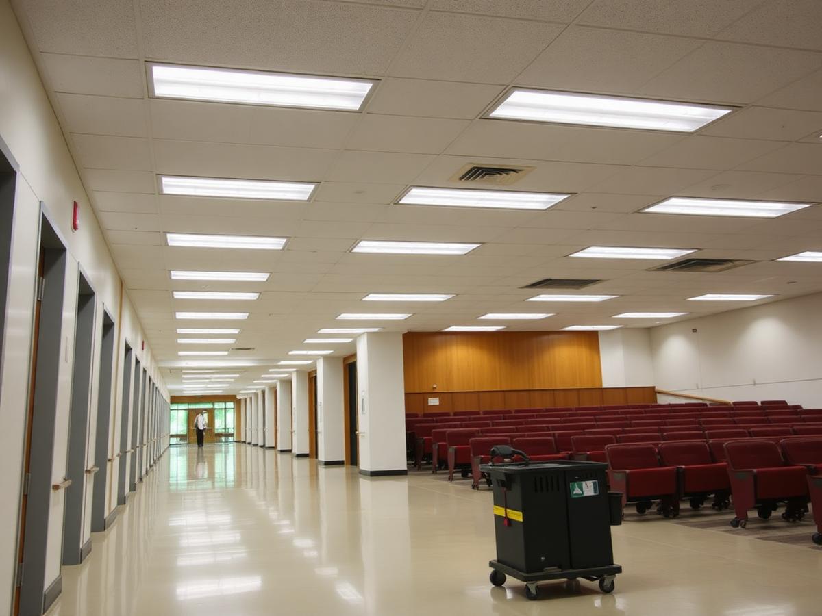 Campus universitário com blocos de salas de aula e iluminação em manutenção